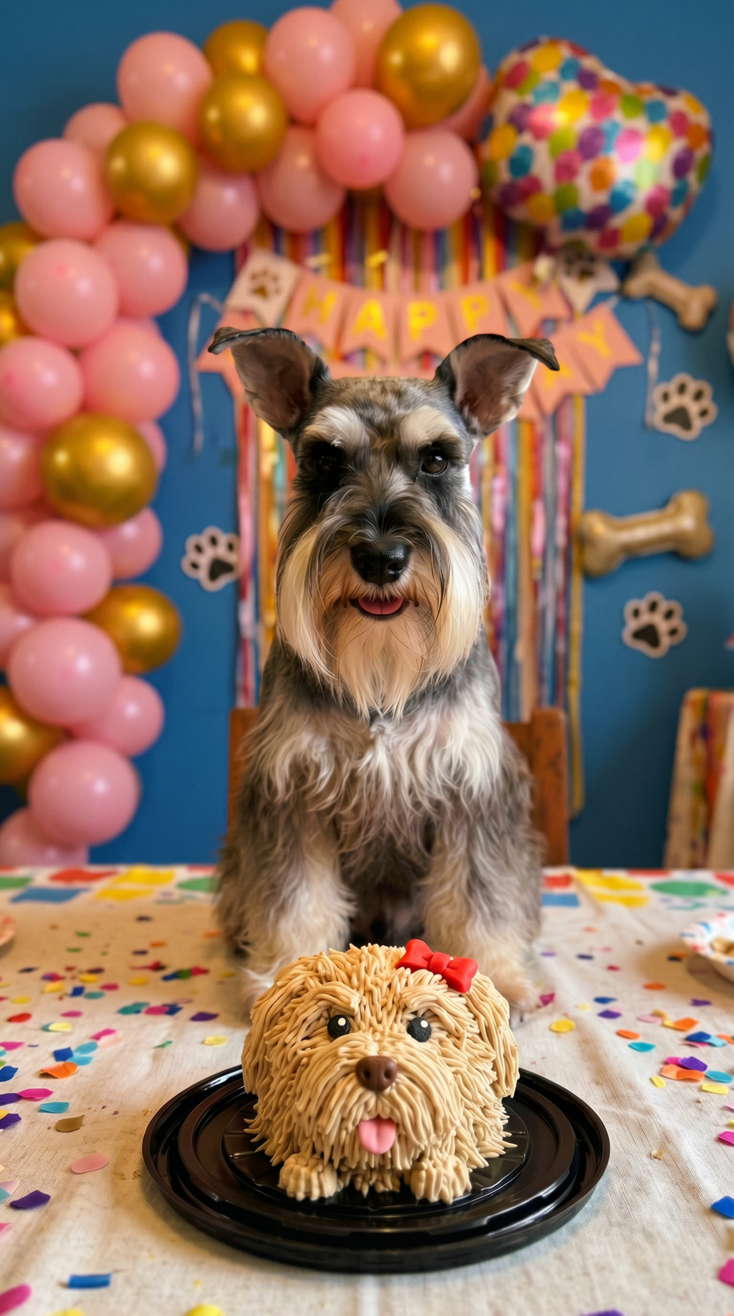 Molly frente a un pastel personalizado en su celebración